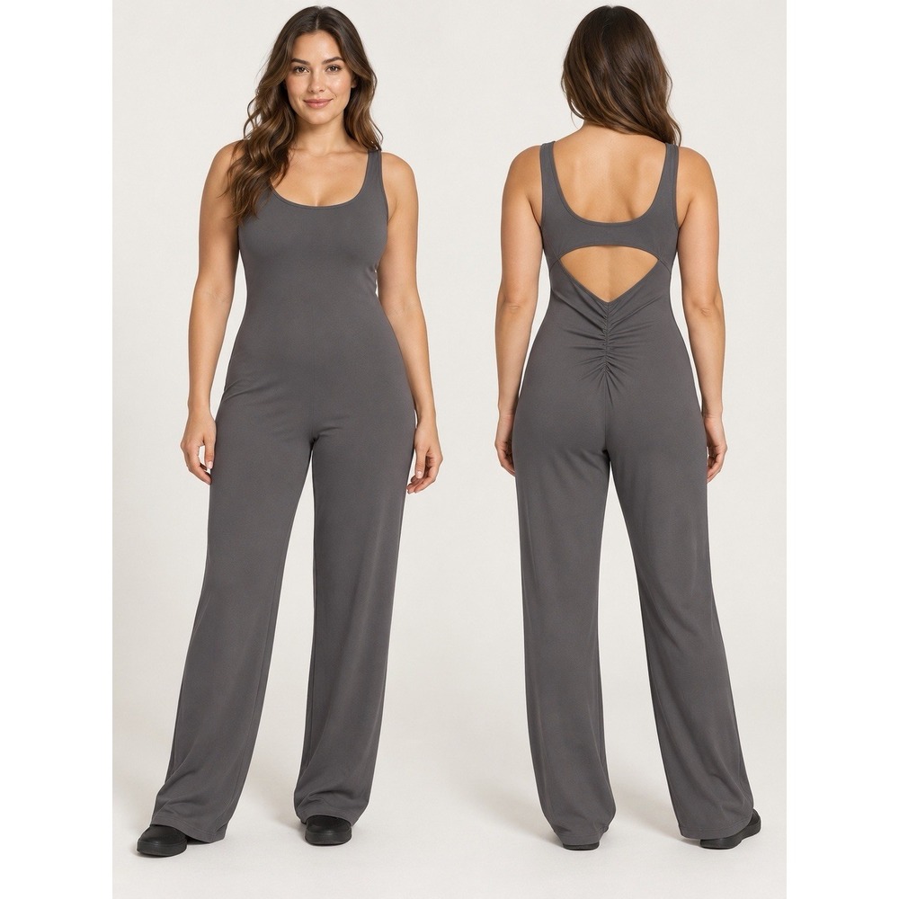 Women's Gray Sleeveless Open Back Jumpsuit Size Large Ruched Wide Leg Athleisure